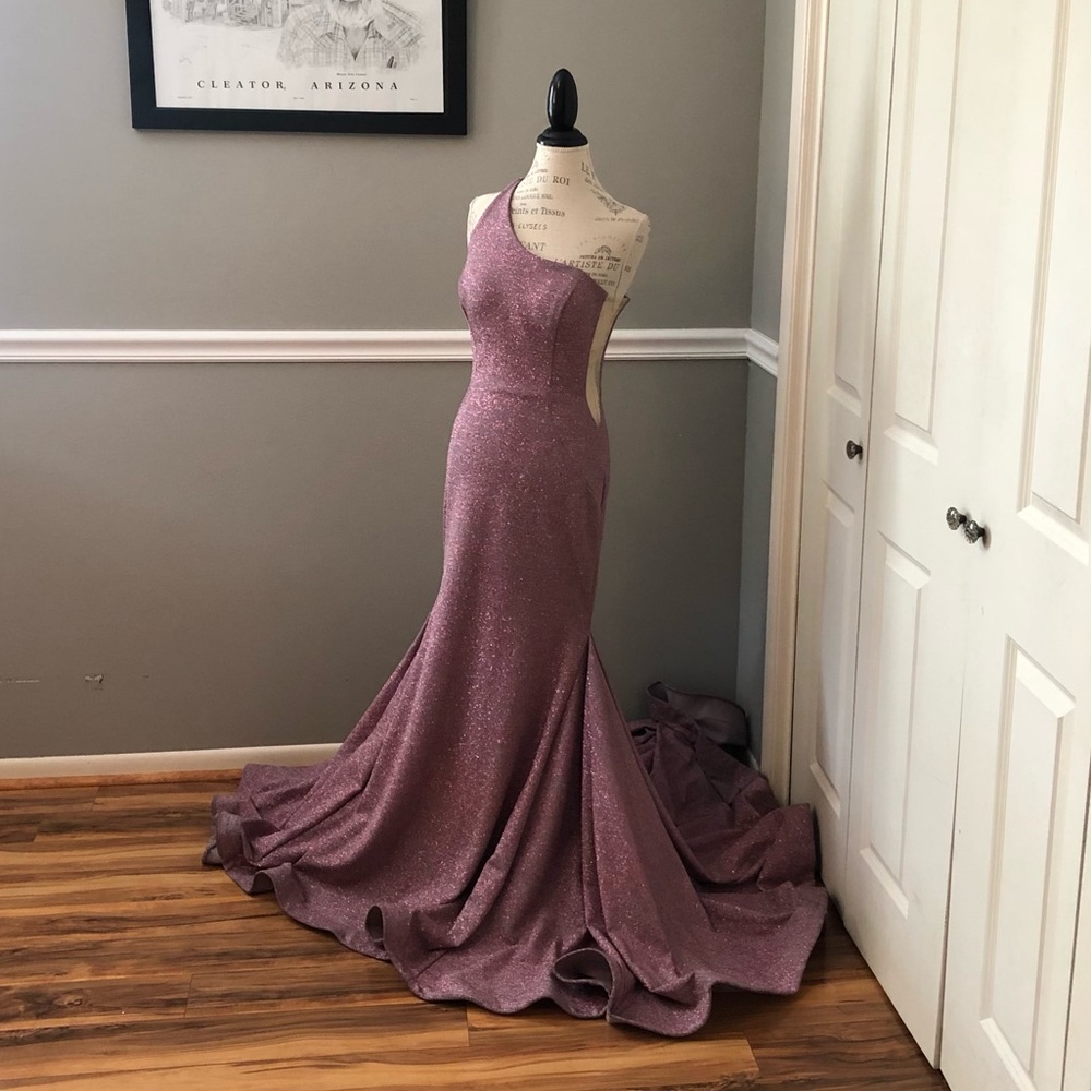 NEW JOVANI SZ 10 MAUVE SHIMMER NUDE ILLUSION ONE SHOULDER FORMAL EVENING GOWN